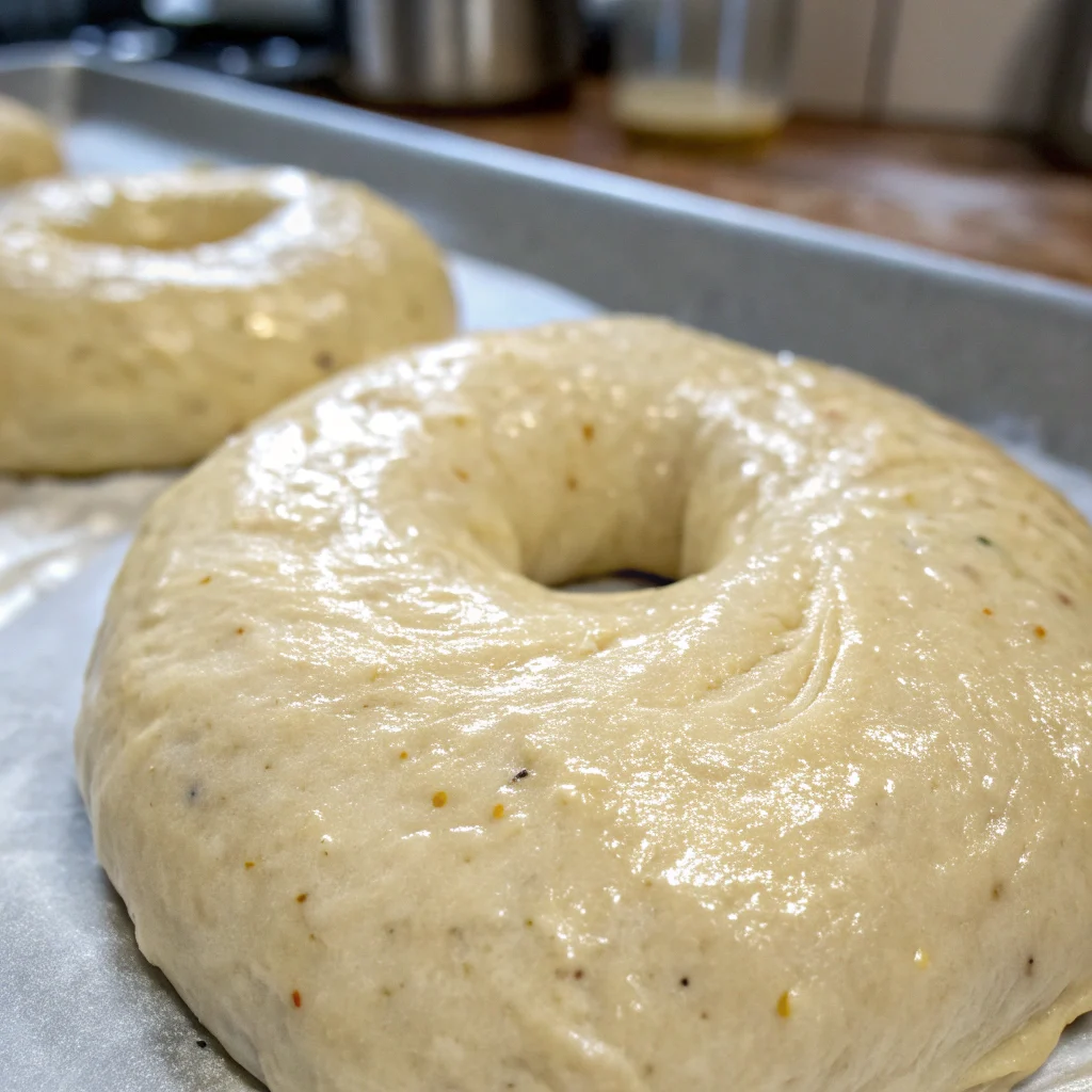 Close-up of soft, homemade bagel dough before baking

